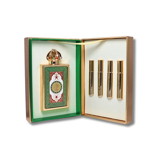 Lattafa Queen of Arabia Perfume Gift Set – ornate bottle with gold crown cap and four travel atomizers in luxury box