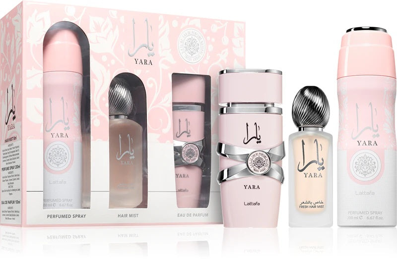 Lattafa Yara 3-Piece Gift Set for Women – Includes Eau de Parfum, Hair Mist, and Deodorant Spray in an elegant pink and silver packaging.
