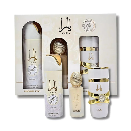 Lattafa Yara Moi Collection 3-Piece Gift Set – Includes Eau de Parfum, Hair Mist, and Deodorant Spray in elegant white and gold packaging.