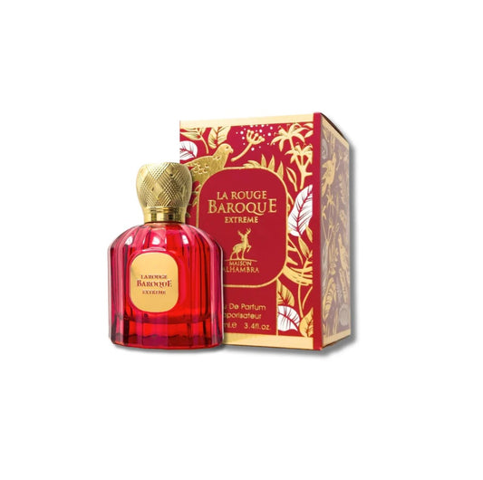 Maison Alhambra La Rouge Baroque Extreme Eau de Parfum – 3.4 FL OZ red bottle with gold cap and floral box