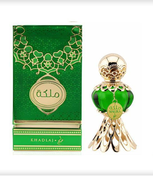 Malika Concentrated Perfume Oil by Khadlaj – Elegant green and gold bottle with matching gift box