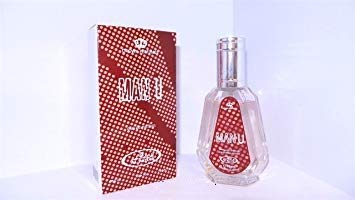 Man U Eau De Parfum 50ml by Al-Rehab, featuring a sleek glass bottle with a silver cap and bold red packaging, representing its versatile and long-lasting amber and woody fragrance.