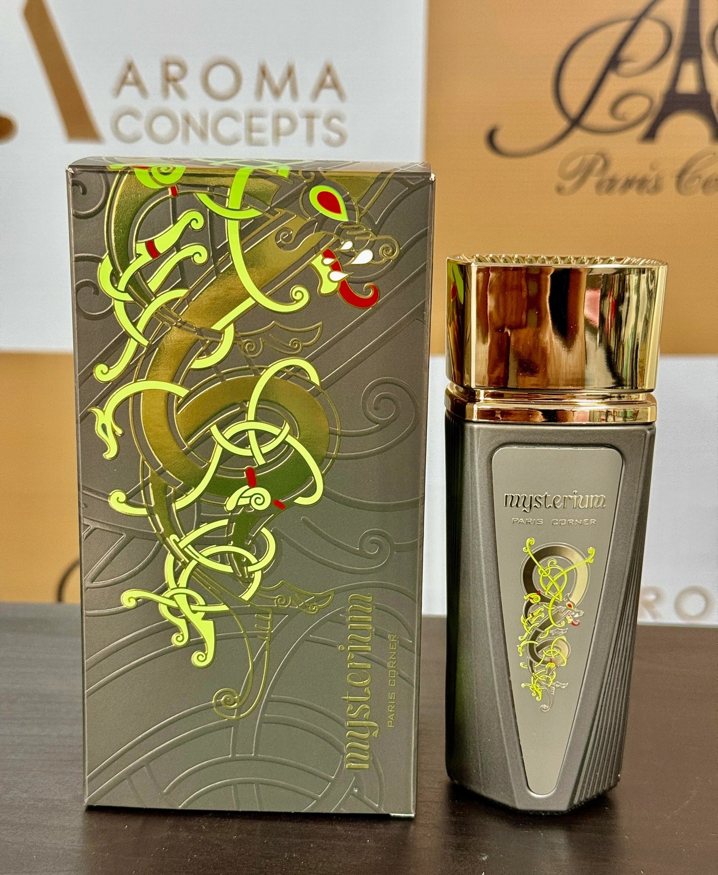 Mysterium Perfume by Paris Corner – full view of box and bottle showcasing the artistic green and gold design.