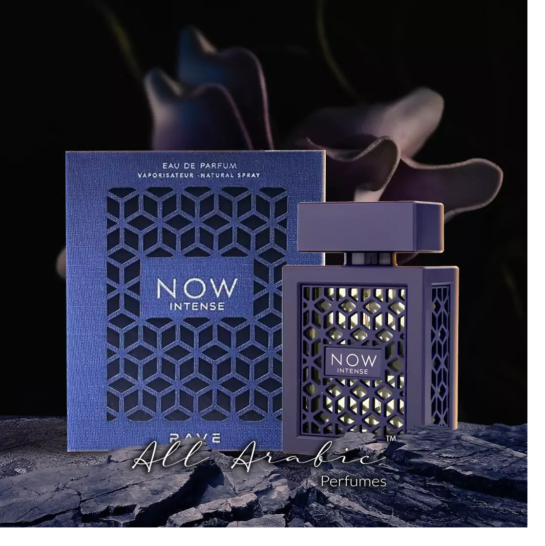 Now Intense Eau De Parfum by RAVE featuring its luxurious dark blue packaging and bottle, designed for a captivating and sophisticated fragrance experience.