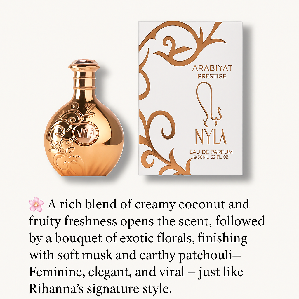 Arabiyat Prestige Nyla fragrance bottle and box with description inspired by Rihanna's signature scent