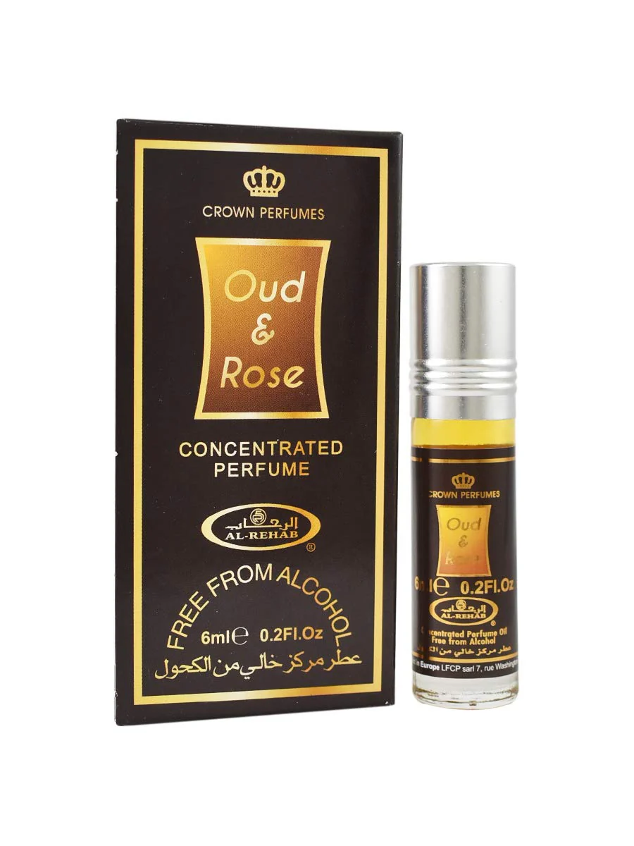 Oud & Rose 6ml perfume oil by Al-Rehab, featuring elegant black and gold packaging with a roll-on bottle for precise application.