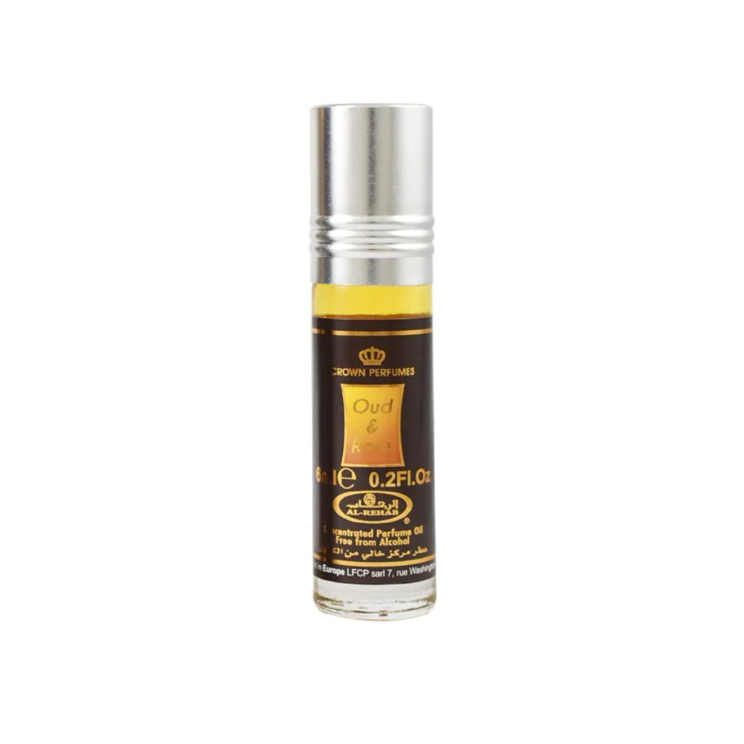 Oud & Rose 6ml roll-on perfume oil by Al-Rehab, showcasing its sleek black and gold design for a luxurious fragrance experience.