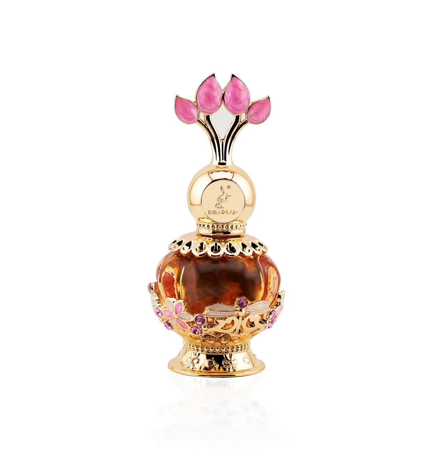 Pink Musk Concentrated Perfume Oil 20ML by Khadlaj – Elegant pink and gold floral perfume bottle design