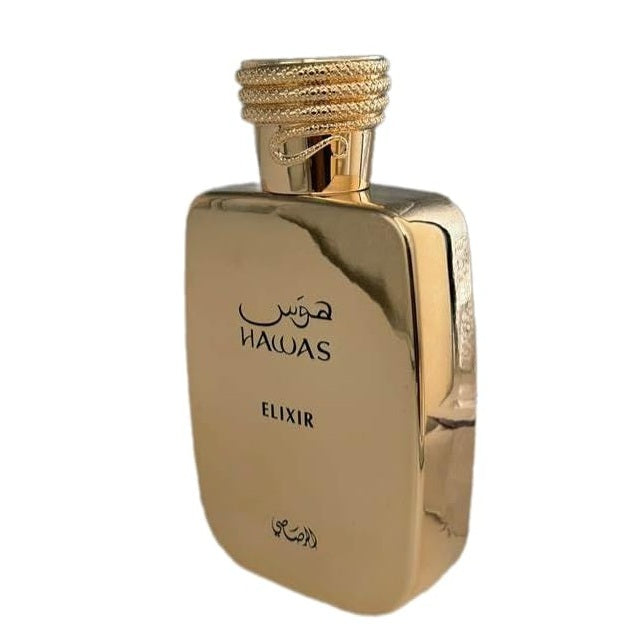 Rasasi Hawas Elixir EDP Spray 3.4 oz – Gold bottle for men on white background