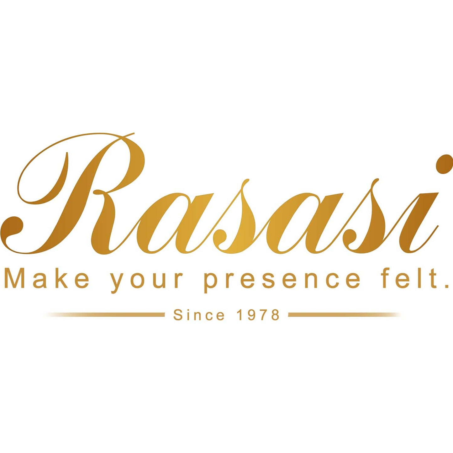 Rasasi logo with tagline 'Make your presence felt' since 1978 in gold lettering