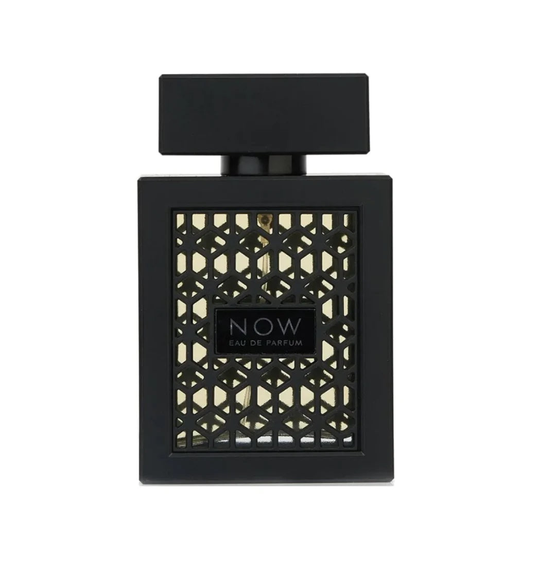 Rave Now Black Edition Eau De Parfum 100ml bottle, featuring a sleek black geometric design.