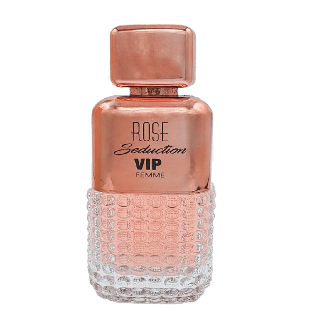 Rose Seduction VIP Pour Femme EDP 100ml by Maison Alhambra, featuring a luxurious rose gold bottle with a textured glass base, radiating elegance and sophistication.