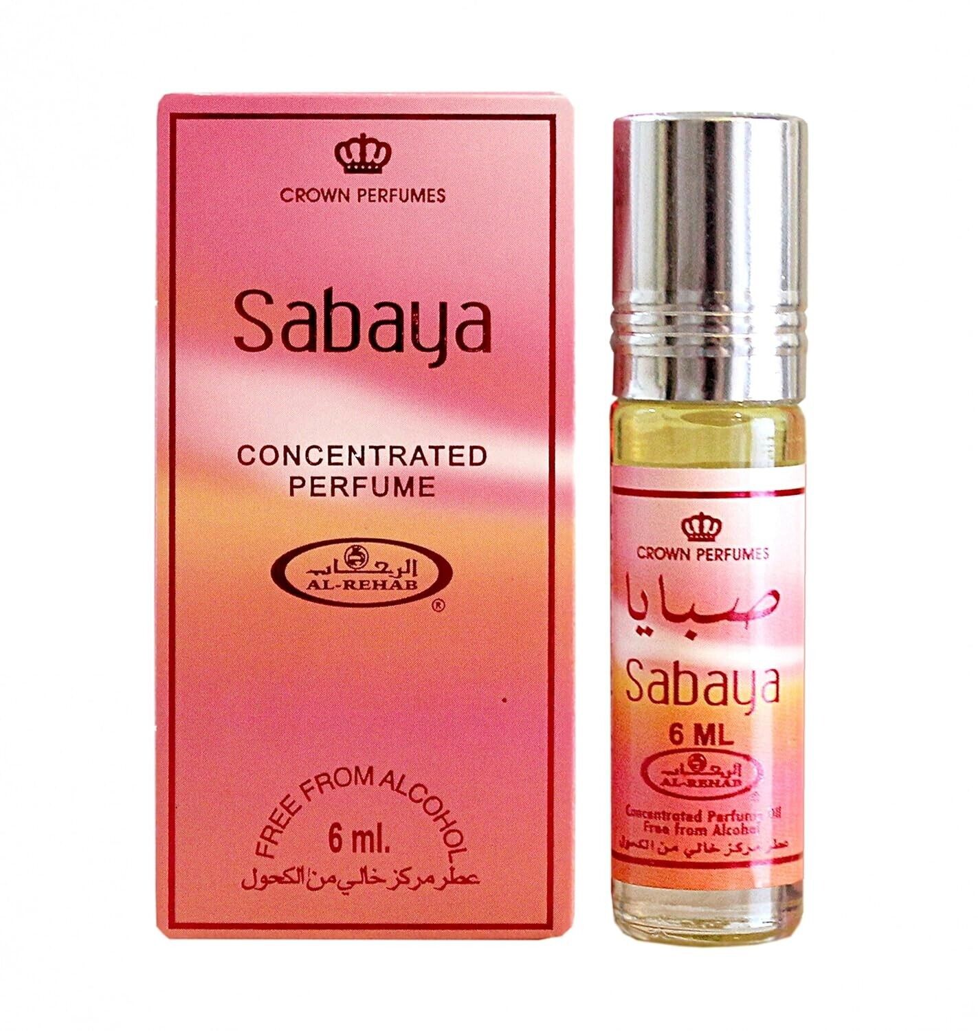 Sabaya 6ml concentrated perfume oil by Al-Rehab, featuring elegant pink packaging and a roll-on bottle for effortless application.