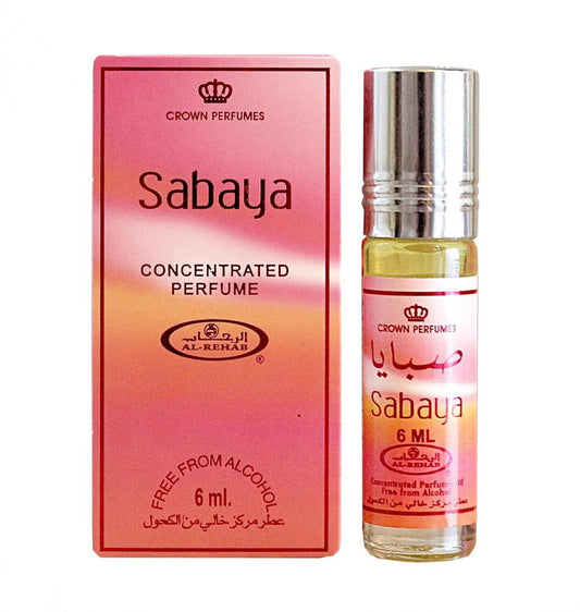 Sabaya 6ml concentrated perfume oil by Al-Rehab, featuring elegant pink packaging and a roll-on bottle for effortless application.
