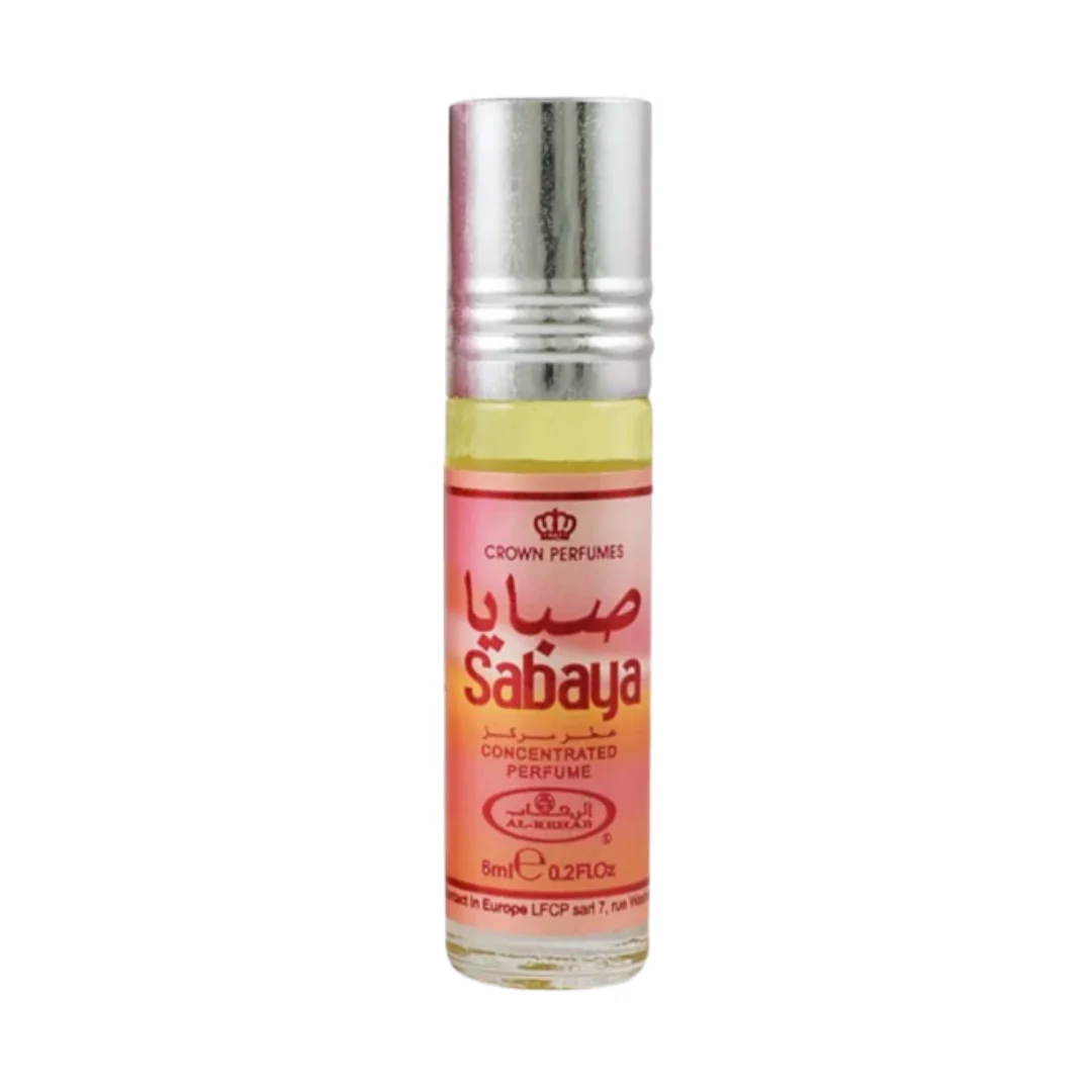 Sabaya 6ml roll-on concentrated perfume oil by Al-Rehab, showcasing a sleek pink design with a silver cap.