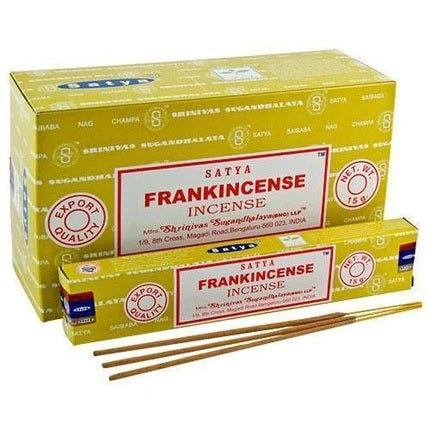 Satya Frankincense Incense multi-pack showcasing multiple boxes and incense sticks, perfect for stocking up on this aromatic and sacred fragrance.