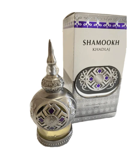 Shamookh Silver 20ml concentrated perfume oil by Khadlaj, presented in a stunning ornamental silver bottle with intricate detailing and matching elegant packaging.