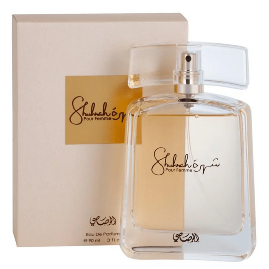 Shuhrah Pour Femme by Rasasi, featuring a luxurious 90ml bottle and matching box design