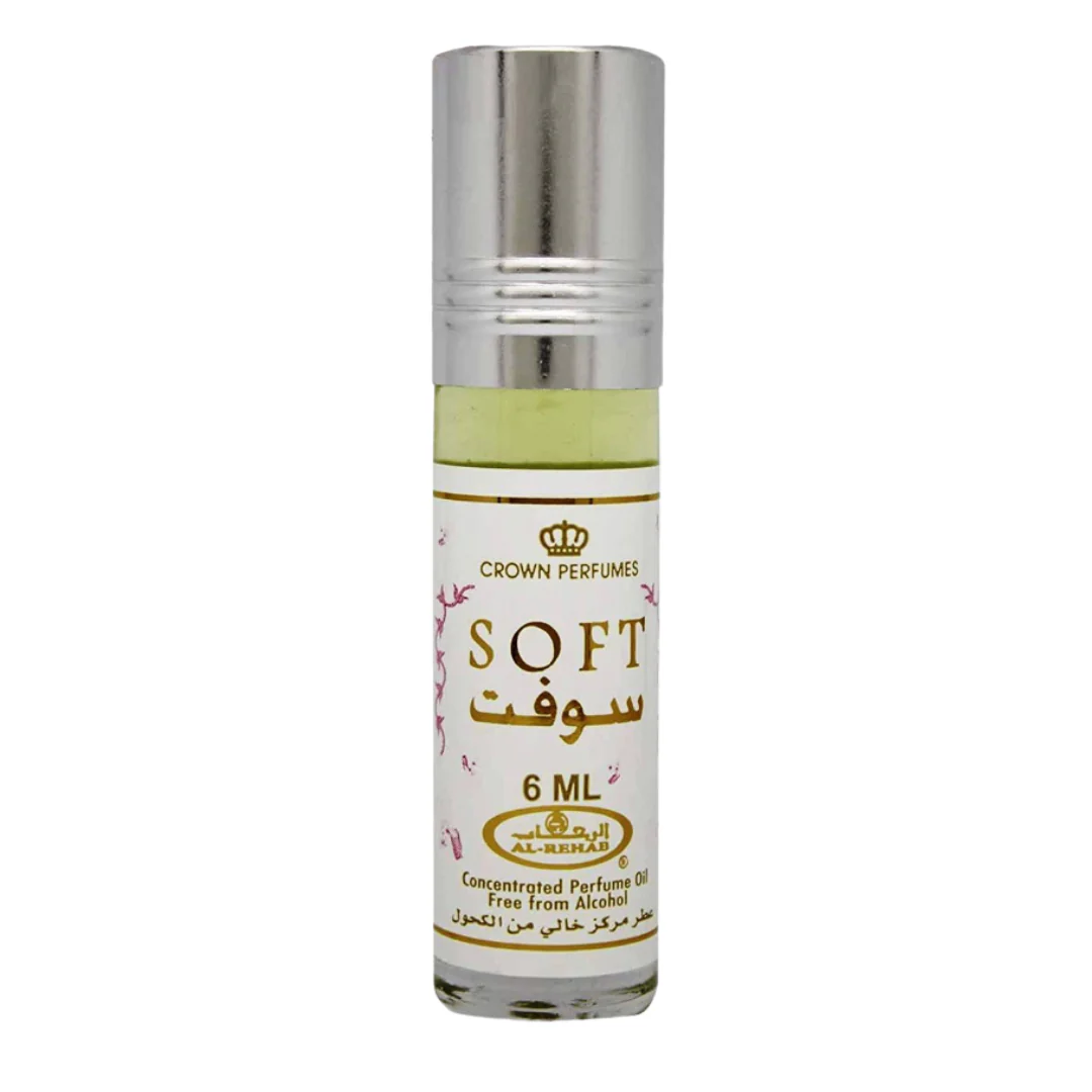Soft 6ml roll-on concentrated perfume oil by Al-Rehab, showcasing a sleek white and gold design with floral details.
