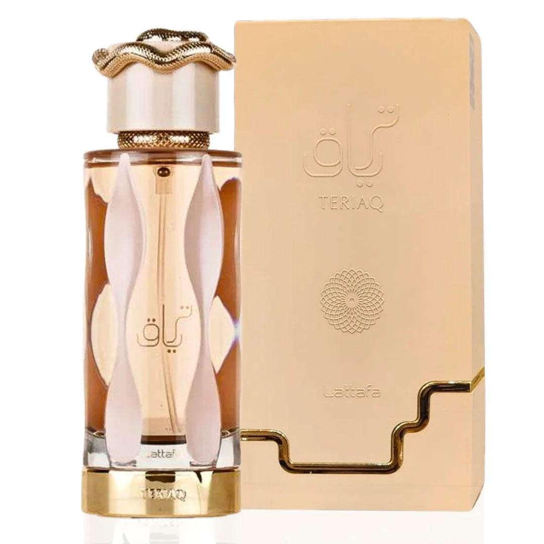 Teriaq Eau de Parfum 100mL by Lattafa Pride – A luxurious unisex fragrance in an elegant glass bottle with gold accents.