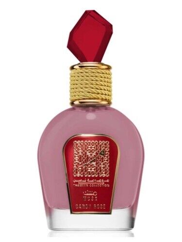 Thameen Collection Musk Candy Rose by Lattafa, featuring a luxurious pink bottle with a gold neck and red crystal cap, 100ML Eau de Parfum.