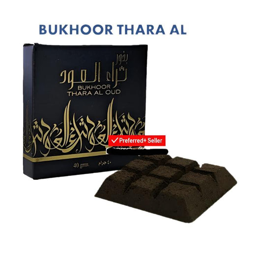 Thara Al Oud Bukhoor by Ard Al Zaafaran, a premium 40g Arabian incense with a rich oud fragrance, displayed with elegant black and gold packaging and shaped pieces.