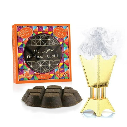 Wow Bakhoor Incense 30 GMS by Nabeel, featuring a vibrant orange and multicolored box, premium incense pieces, and a decorative gold incense burner emitting fragrant smoke.