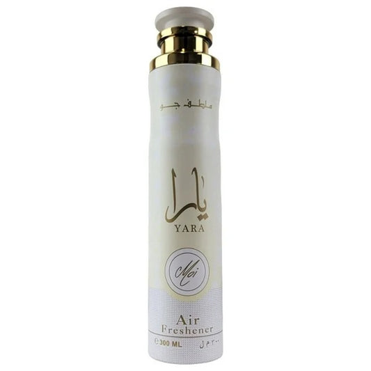 Yara Moi by Lattafa air freshener bottle with a gold-accented cap, 300ml premium Arabian fragrance.