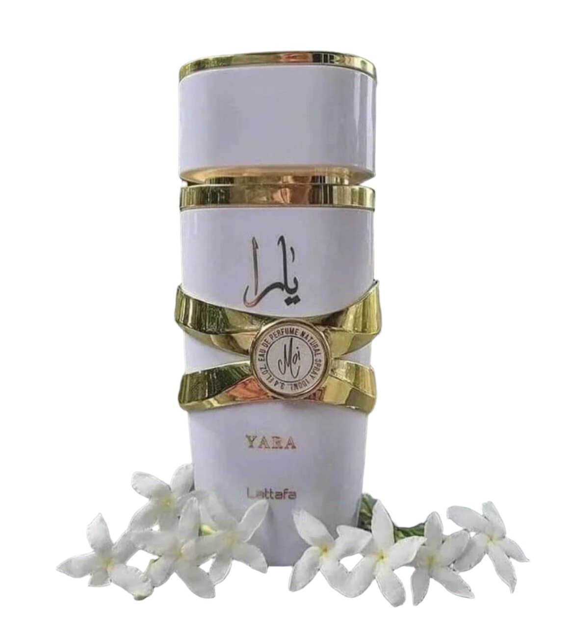 Yara Moi by Lattafa Eau de Parfum 100ML bottle with a sleek white and gold design, surrounded by delicate jasmine flowers, symbolizing its floral top notes.