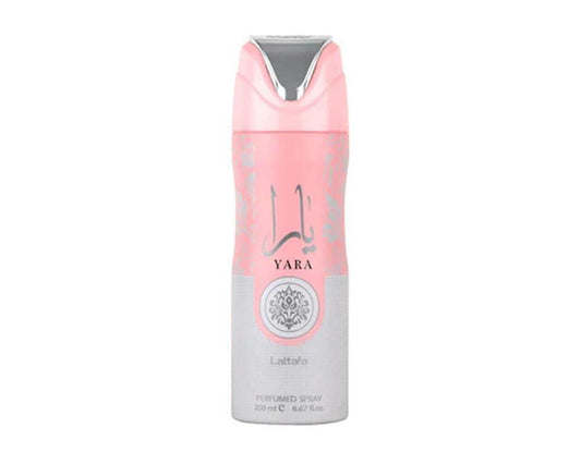 Lattafa Yara Perfumed Deo Spray for unisex use, featuring a sleek pink and silver design, 6.7-ounce bottle of luxurious long-lasting fragrance.