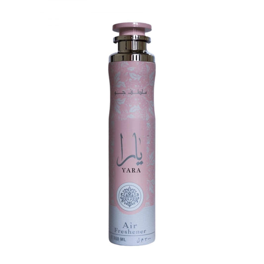 Yara Pink by Lattafa air freshener in an elegant pink and silver bottle, 300ml, showcasing luxurious design and premium quality fragrance.