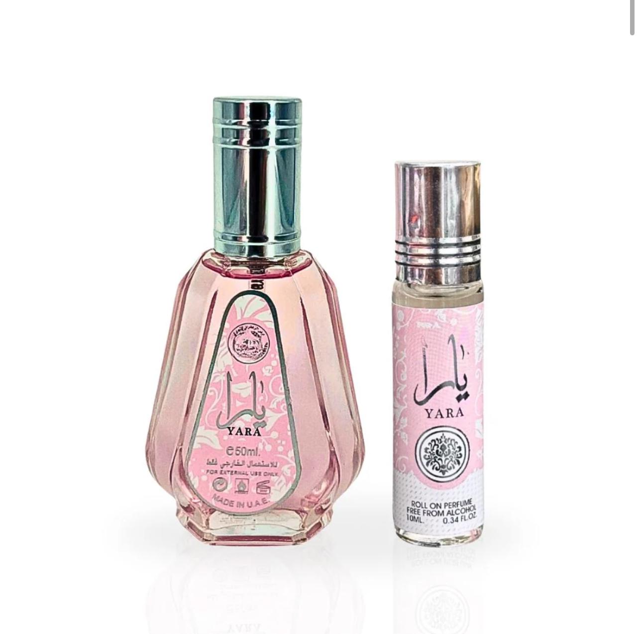 Yara EDP Spray 50ML and Yara Roll-On CPO 10ML by Ard Al Zaafaran, displayed against a soft pink floral background.