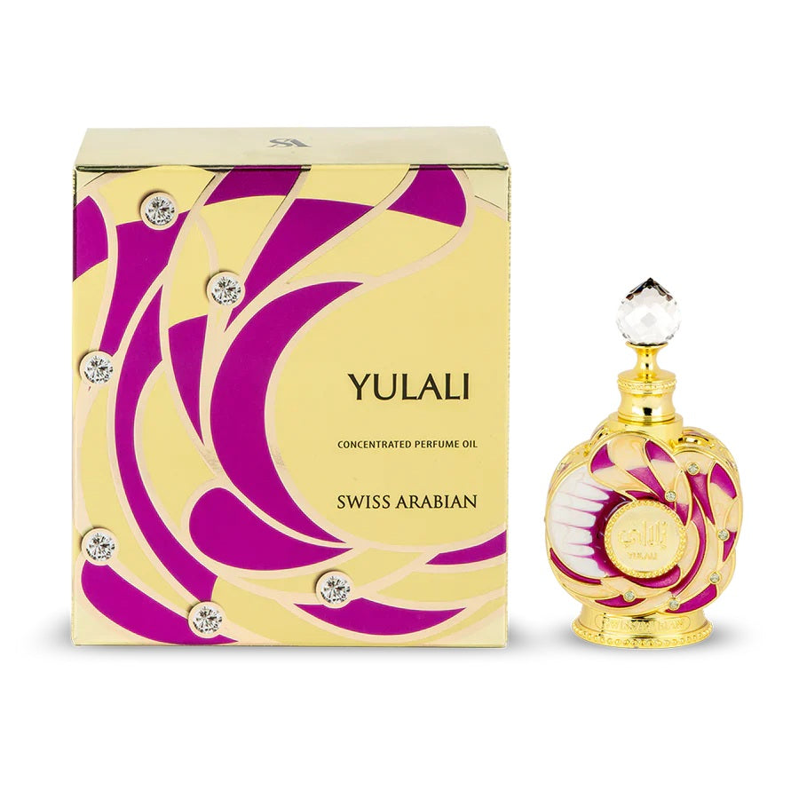 Yulali concentrated perfume oil by Swiss Arabian displayed with its elegant golden and pink packaging.