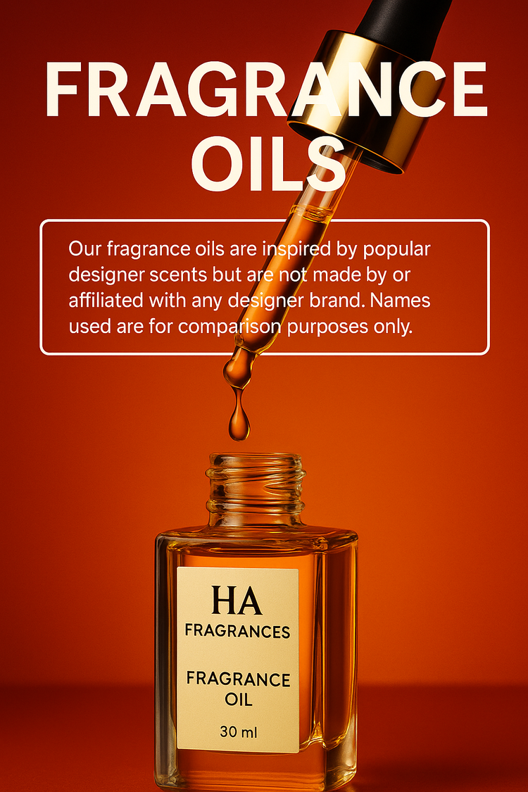 Elegant fragrance oil bottle from HA Fragrances with golden oil dropper against a vibrant orange background, featuring disclaimer text for comparison to designer scents