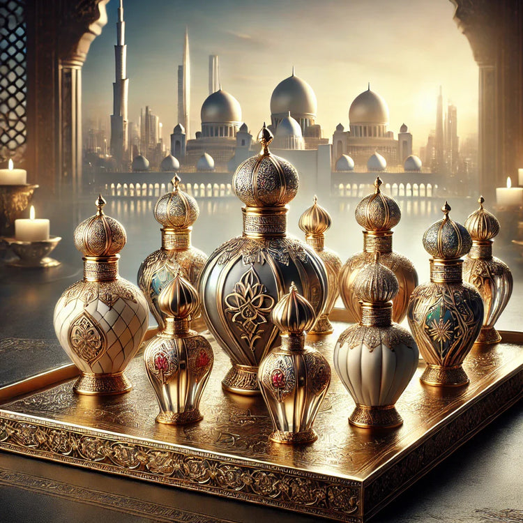 Luxurious gift set featuring exquisite fragrance bottles with golden and jewel-toned accents, inspired by Dubai's opulence, displayed on a polished tray with Arabian motifs and a soft glowing backdrop of Dubai's skyline.