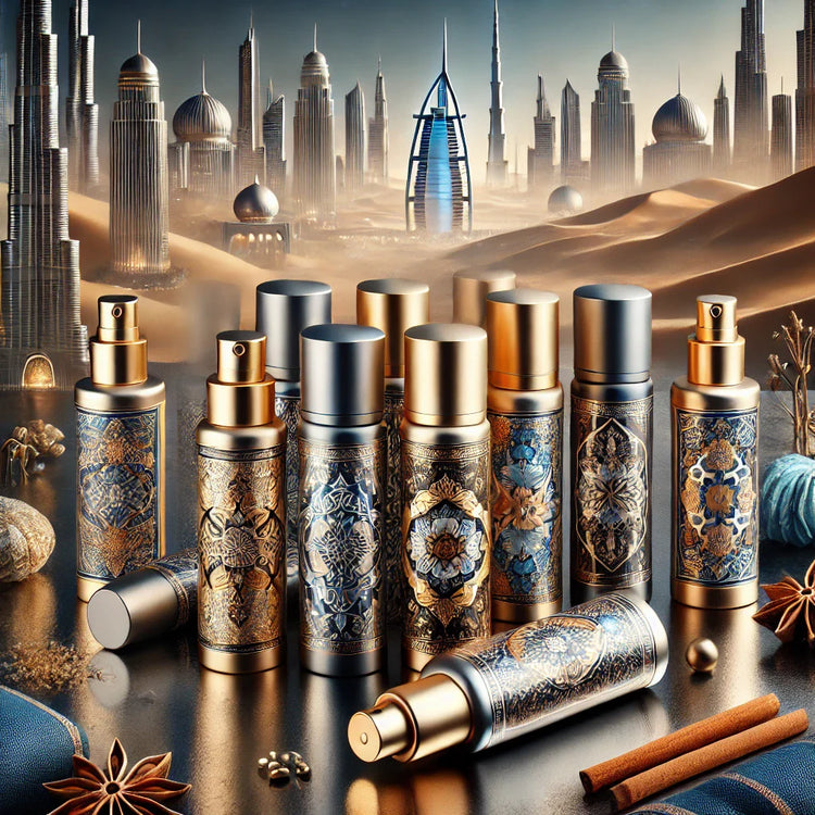 Luxurious deodorant sprays with Arabic-inspired designs, placed on a polished surface with a blurred backdrop of Dubai landmarks like the Burj Khalifa, accented by metallic gold, silver, and deep blue tones, evoking elegance and regional sophistication.