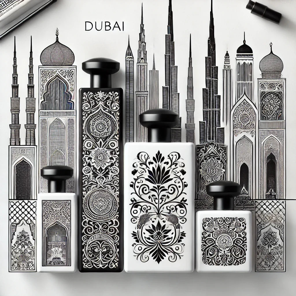 Minimalist black and white luxury fragrance bottles inspired by Dubai, featuring intricate designs and ornate patterns on a clean white background.