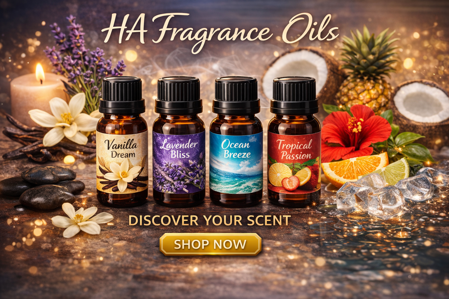 HA Fragrance Oils collection banner featuring luxury fragrance oil bottles with floral and fruit elements, showcasing long-lasting fragrance oils available at HA Fragrances.