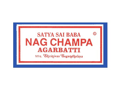 Official logo of Satya Sai Baba Nag Champa Agarbatti, featuring bold red and blue text on a white background, representing a world-renowned incense brand.