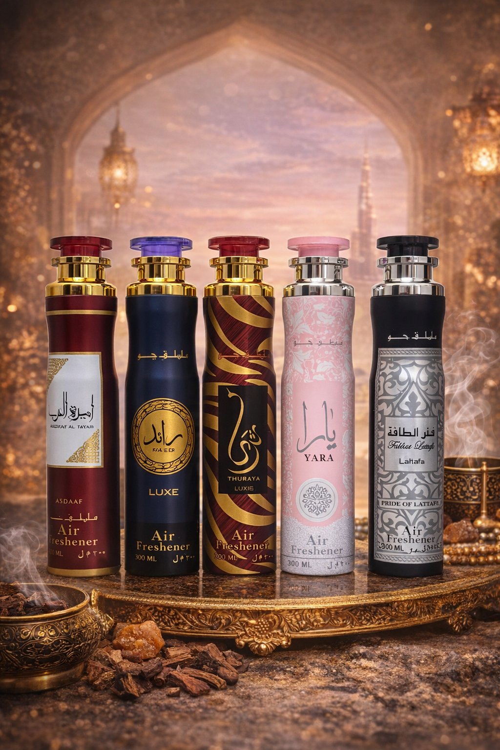 Arabic air freshener collection by HA Fragrances featuring Lattafa 300ml sprays in luxury Dubai-inspired packaging with bakhoor and incense elements in a premium Middle Eastern setting