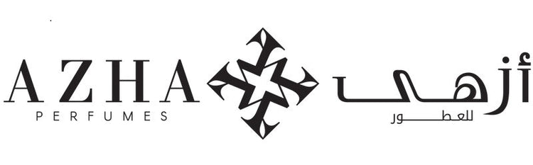 Azha Perfumes logo featuring a modern black geometric star emblem centered between the English text ‘AZHA Perfumes’ on the left and the Arabic calligraphy for ‘Azha Al Otoor’ on the right, presented in a clean black-and-white design.
