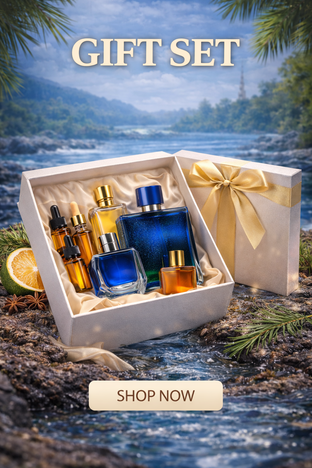 Men’s fragrance gift set by HA Fragrances featuring luxury perfume bottles and oils in a premium box with fresh citrus and woody elements by a flowing water background and shop now button