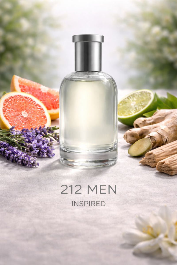 212 Men Inspired fragrance oil for men featuring fresh grapefruit, bergamot, ginger, lavender, and smooth sandalwood in a clear glass bottle