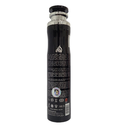 Back view of the 24K White Gold by Lattafa air freshener bottle showcasing detailed product information and branding, 300ml size.