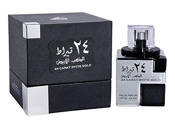 24 Carat White Gold Eau de Parfum 100ML by Lattafa, featuring a sleek metallic bottle and elegant black packaging with silver accents.