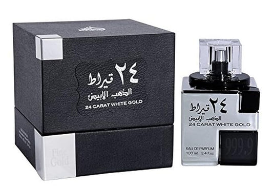 24 Carat White Gold Eau de Parfum 100ML by Lattafa, featuring a sleek metallic bottle and elegant black packaging with silver accents.