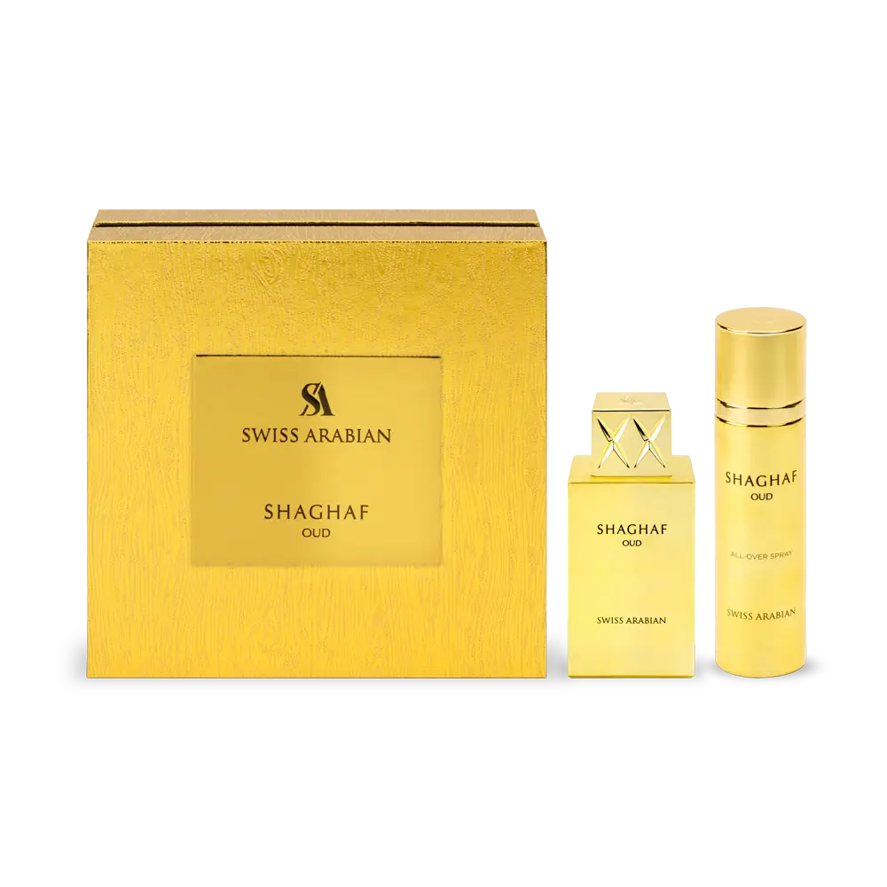 Shaghaf Oud by Swiss Arabian – Eau de Parfum & Body Spray Set | Bold Oud & Sweet Praline Unisex Scent
