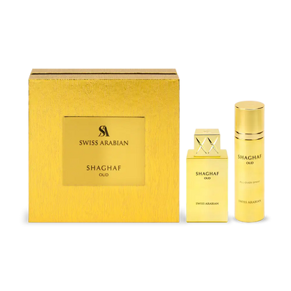 Shaghaf Oud by Swiss Arabian – Eau de Parfum & Body Spray Set | Bold Oud & Sweet Praline Unisex Scent