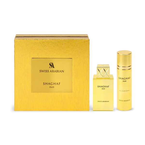 Shaghaf Oud by Swiss Arabian – Eau de Parfum & Body Spray Set | Bold Oud & Sweet Praline Unisex Scent