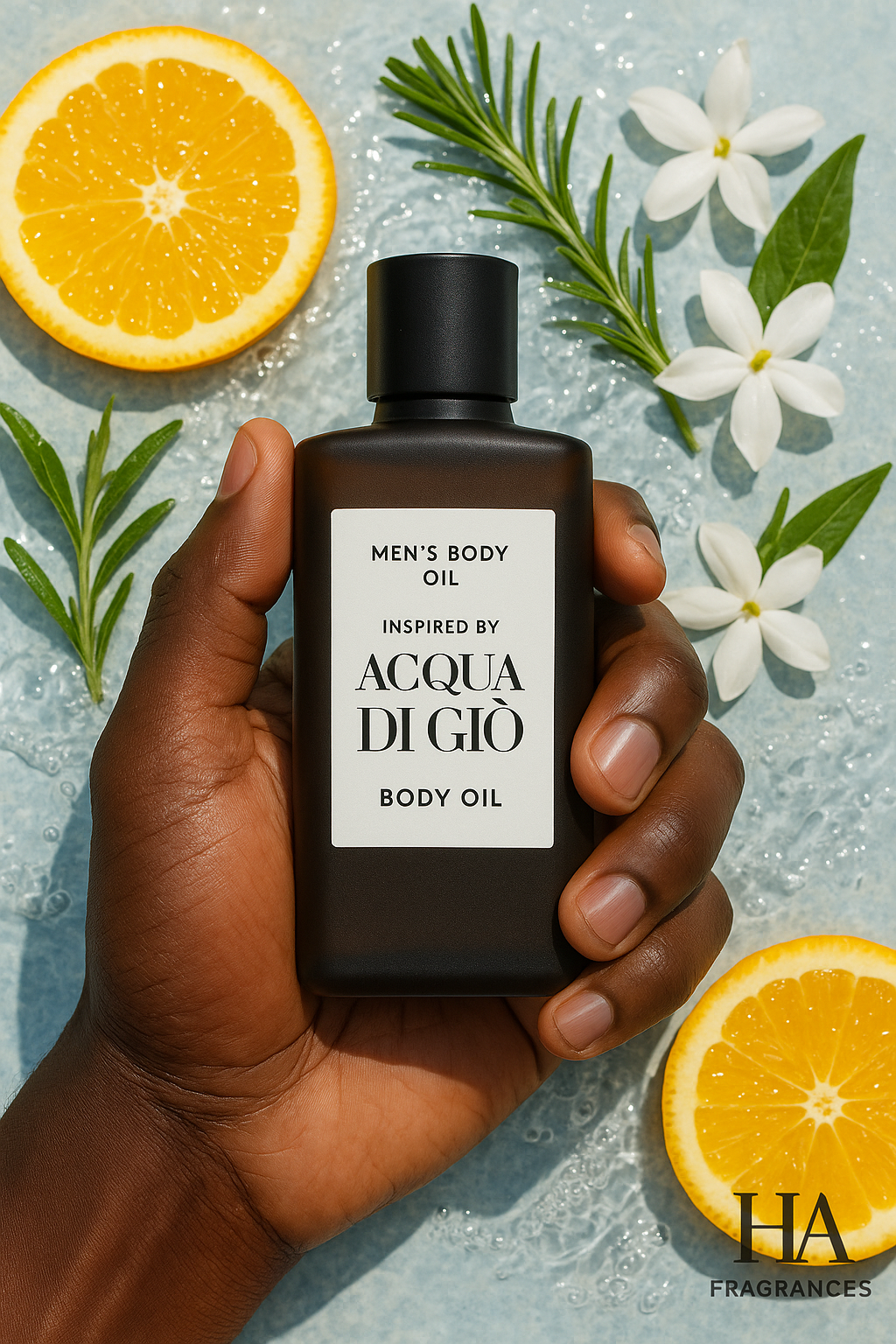 A dark-skinned hand holding a men's body oil bottle inspired by Acqua Di Gio, surrounded by citrus fruits, rosemary sprigs, and jasmine petals on a water-splashed surface. The clean, minimalist label reads "MEN'S BODY OIL INSPIRED BY ACQUA DI GIO.